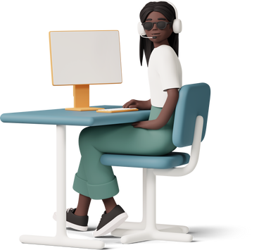 blind girl sitting in headphones in front of computer PNG, SVG