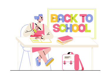 Schriftzug back to school mit einem studentenmädchen PNG, SVG