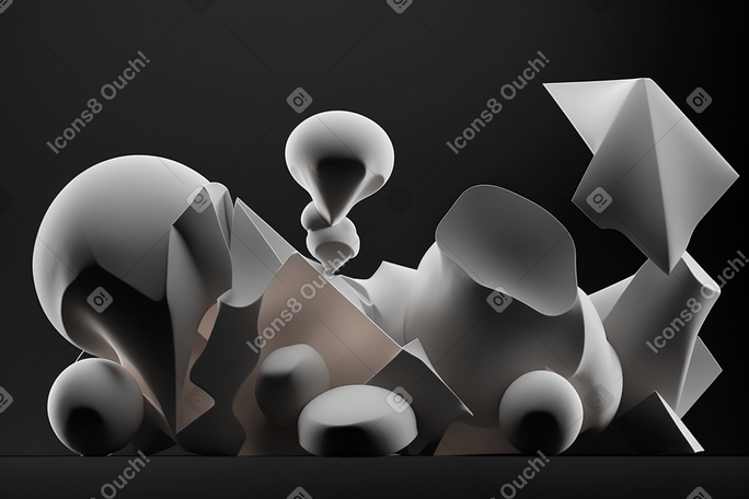 A group of 3D geometric white shapes on a black background Illustration in PNG, SVG