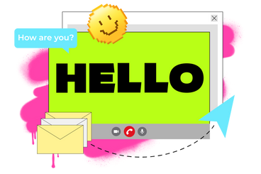 화상 통화 창에서 미소와 봉투 텍스트로 hello 문자 쓰기 PNG, SVG