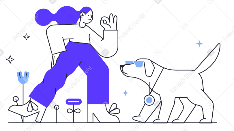 Женщина показывает знак ок рядом с собакой в солнцезащитных очках в PNG, SVG