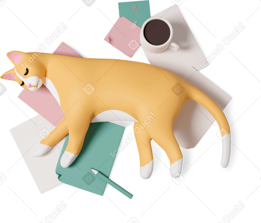 3D cat lies on document Illustration in PNG, SVG