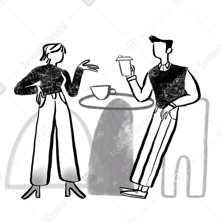 Black and white two colleagues having a coffee break Illustration in PNG, SVG