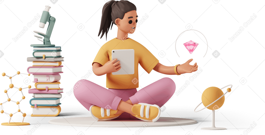 3D 年轻女子学习神奇的粉红色宝石 PNG, SVG
