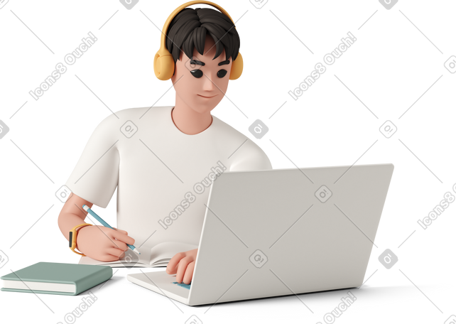 3D young man with laptop computer working at home office PNG, SVG