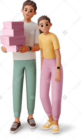 3D girl and boy with boxes PNG, SVG