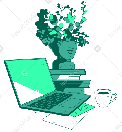 Laptop, coffee and a head planter PNG, SVG