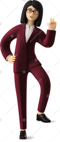 3D businesswoman in red suit leaning with one leg and showing peace sign Illustration in PNG, SVG