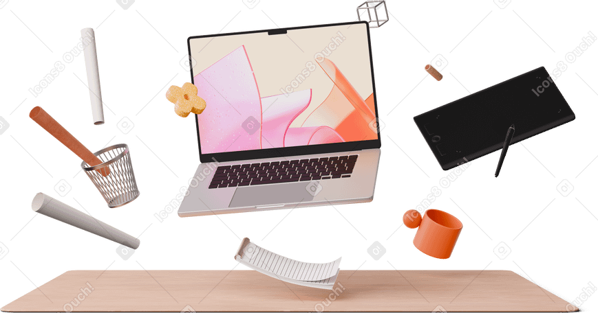 3D front view of designer's desk with laptop, tablet and notebook PNG, SVG