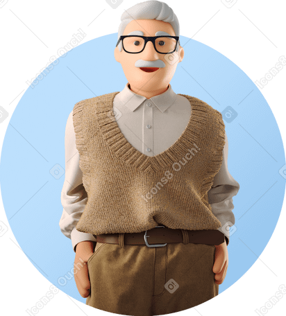 3D elderly man standing and smiling в PNG, SVG