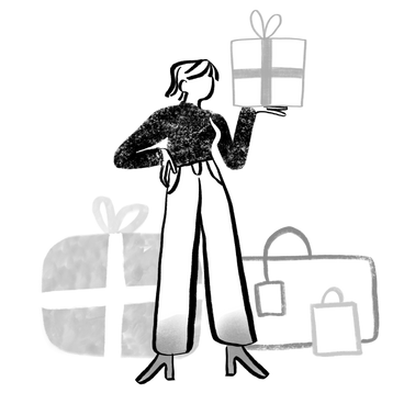 Black and white woman standing with a bunch of presents PNG, SVG