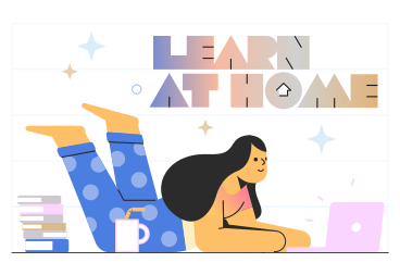 Learn at home text and the girl studies with a laptop and books PNG, SVG