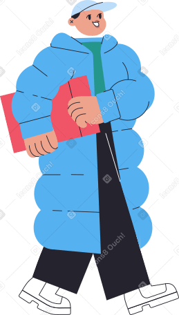 man in winter clothes walking with a gift Illustration in PNG, SVG
