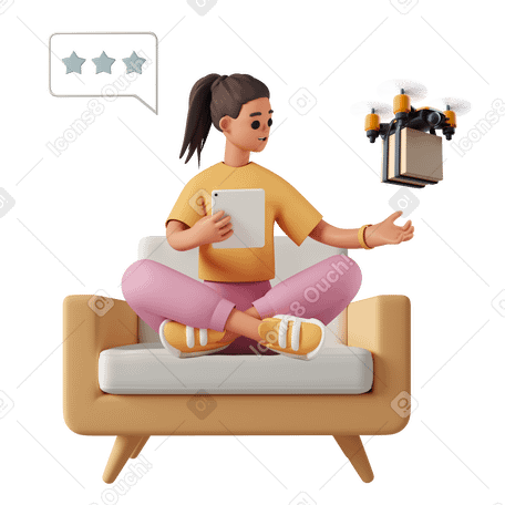3D Girl with tablet receiving drone delievery Illustration in PNG, SVG