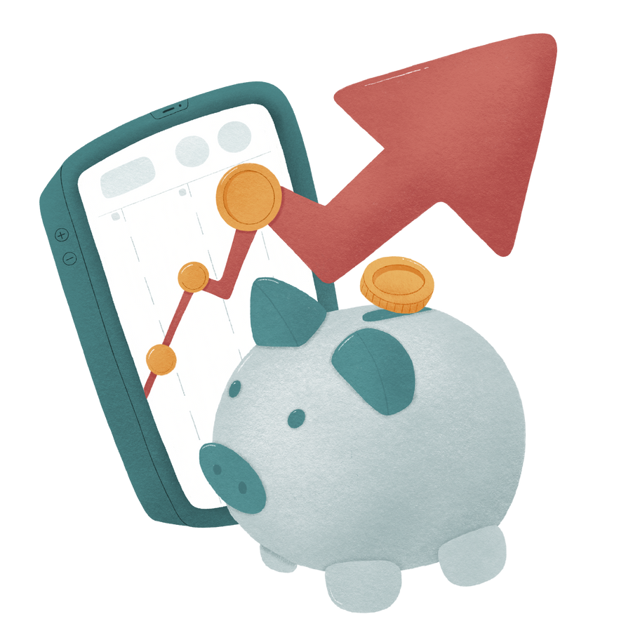 Phone with a growing chart and piggy bank showing investment growth Illustration in PNG, SVG