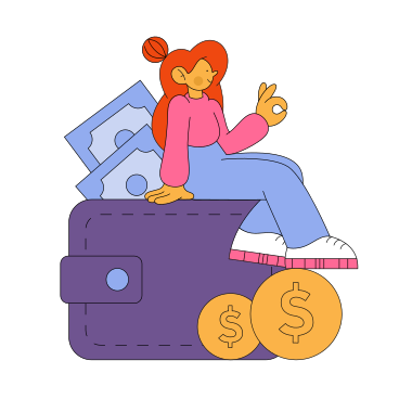 Girl sitting on wallet with money PNG, SVG