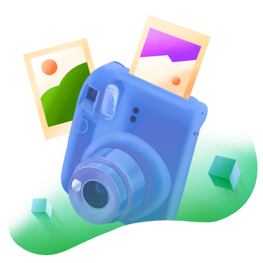 Blaue instax mini-kamera mit fotos in abgerundeter grüner form PNG, SVG