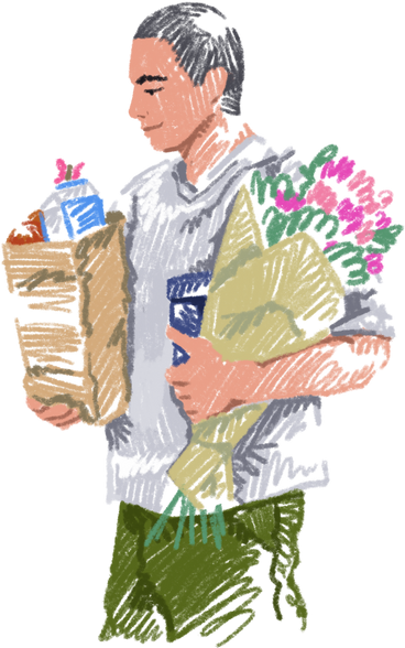 Young man with groceries and flowers в PNG, SVG