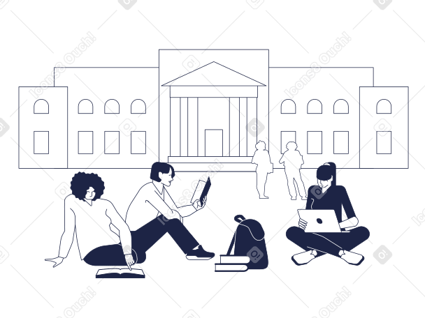Illustration Des étudiants universitaires avec des livres s'assoient sur l'herbe devant le bâtiment de l'université aux formats PNG, SVG
