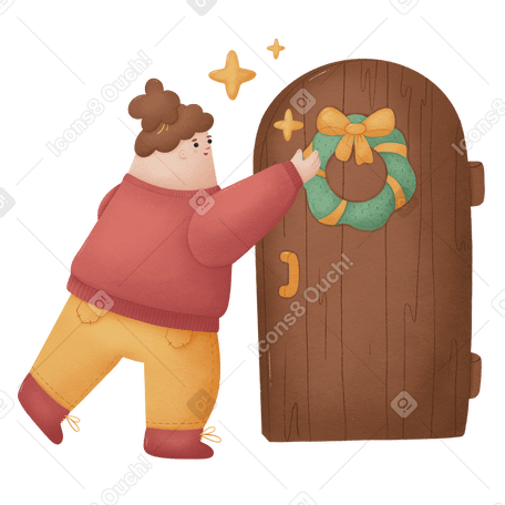 Girl in red sweater and yellow pants hangs a christmas wreath on large brown wooden door PNG, SVG