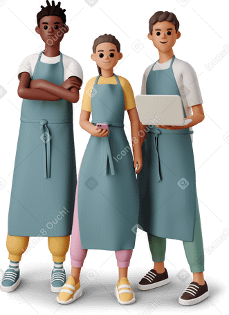 3D young people in the aprons with gadgets Illustration in PNG, SVG