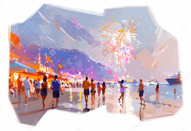 祭りの雰囲気のあるビーチの油絵 PNG、SVG