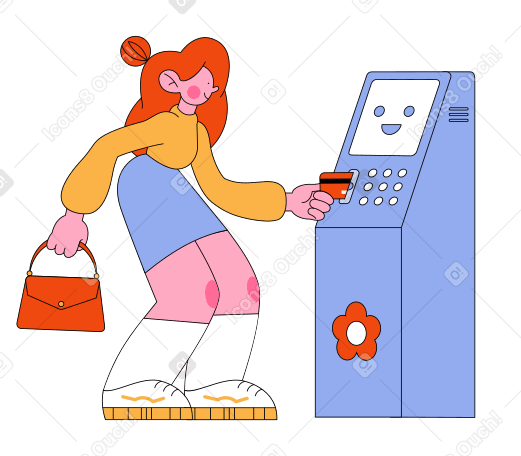 Woman puts card in ATM machine Illustration in PNG, SVG