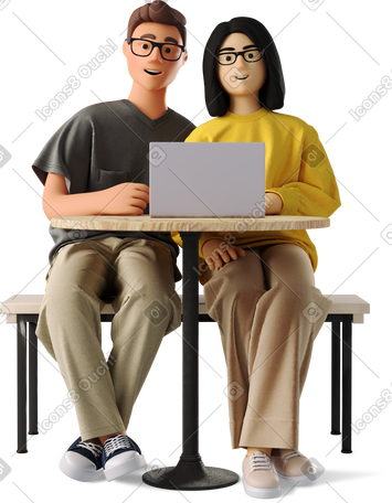 3D man and woman at table with laptop PNG, SVG