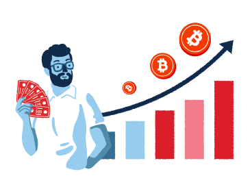 Homem segurando dinheiro em frente a um gráfico crescente de bitcoin PNG, SVG