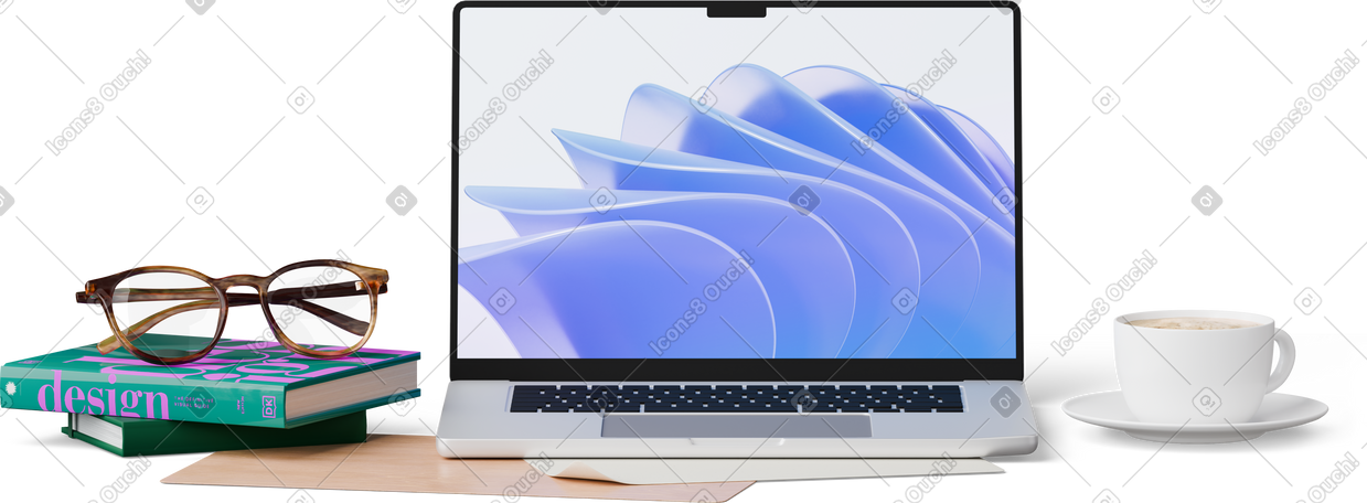 3D front view of workspace with laptop and books PNG, SVG