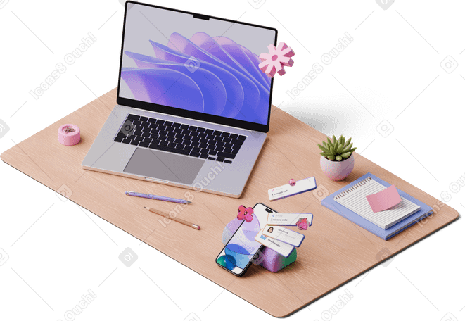 3D isometric view of desk with laptop and smartphone with new messages в PNG, SVG
