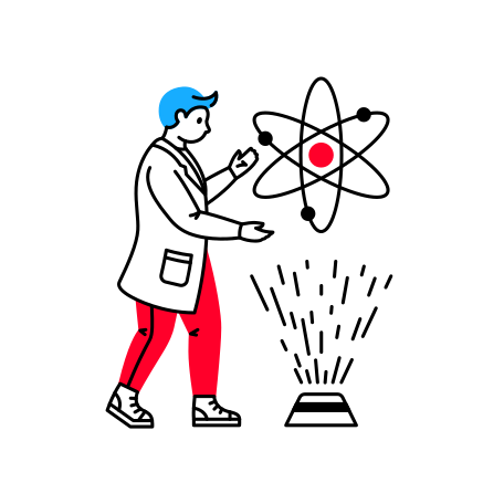 Scientist studying the atom by hologram projection Illustration in PNG, SVG