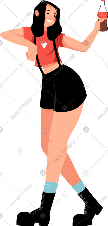 Joyful girl in overalls with cola PNG, SVG