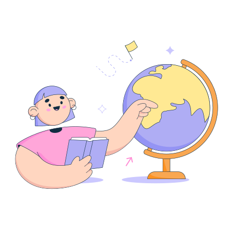 Woman studies geography with book and globe Illustration in PNG, SVG