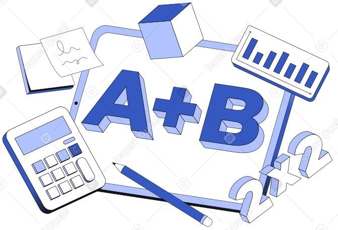 Lettrage a+b avec calculatrice, notes et texte au crayon PNG, SVG