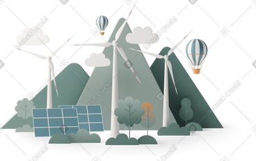 Solar panels and wind turbines green energy PNG, SVG