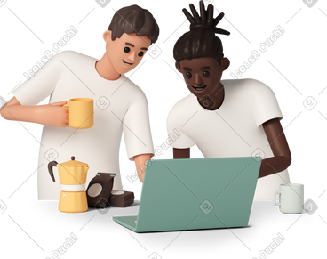 Two men using laptop and drinking coffee PNG, SVG