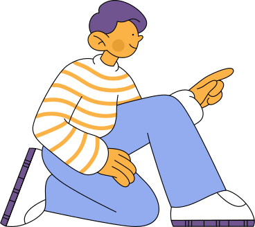 man in striped sweatshirt sitting and pointing with his finger PNG, SVG
