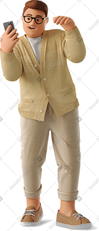 3D smiling guy dancing with phone PNG, SVG