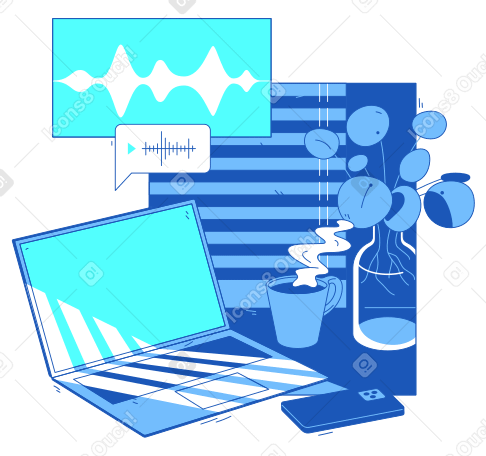 Illustrazione animata Laptop con messaggio vocale vicino alla finestra in GIF, Lottie (JSON), AE