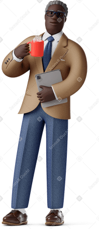 3D old businessman standing with coffee mug and holding tablet PNG, SVG