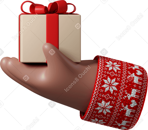 3D Mão de pele marrom em suéter vermelho com padrão de natal segurando caixa de presente PNG, SVG