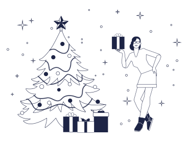 クリスマスツリーの近くにプレゼントを持つ女性 PNG、SVG