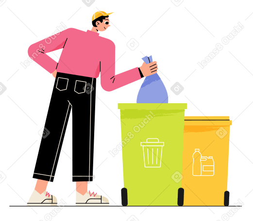Мужчина складывает мусор в контейнер для переработки в PNG, SVG