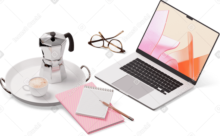 3D isometric view of laptop, glasses, notebooks, moka pot and cup on tray PNG, SVG