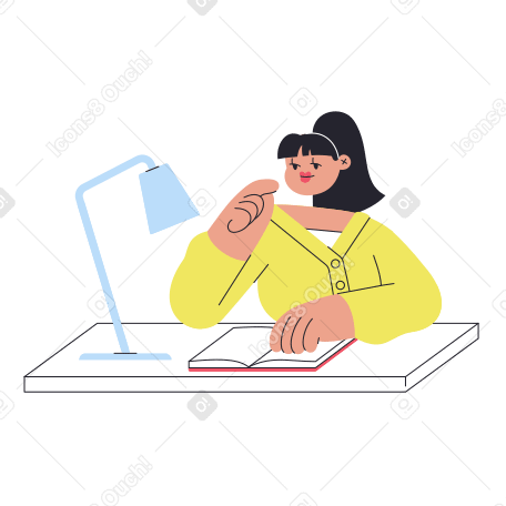 Thinking woman reading book at desk PNG, SVG