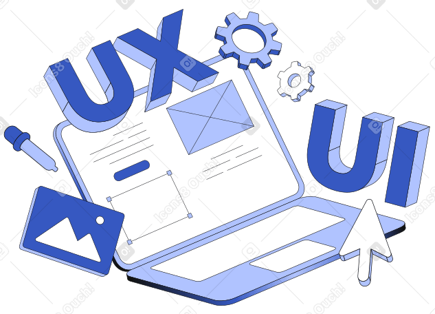 Texto ux/ui com letras de elementos de laptop e web design PNG, SVG