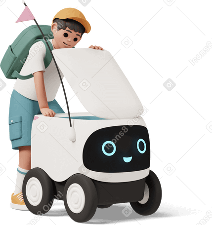 3D school boy with delivery robot PNG, SVG