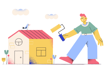 Male painter painting house with roller brush PNG, SVG