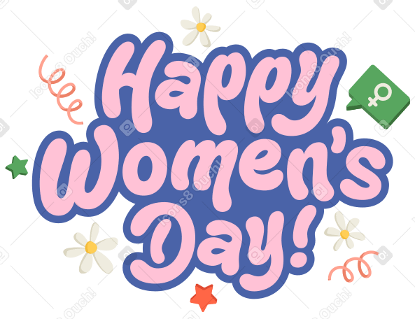刻字妇女节快乐！带有女性标志和装饰元素文本 PNG, SVG